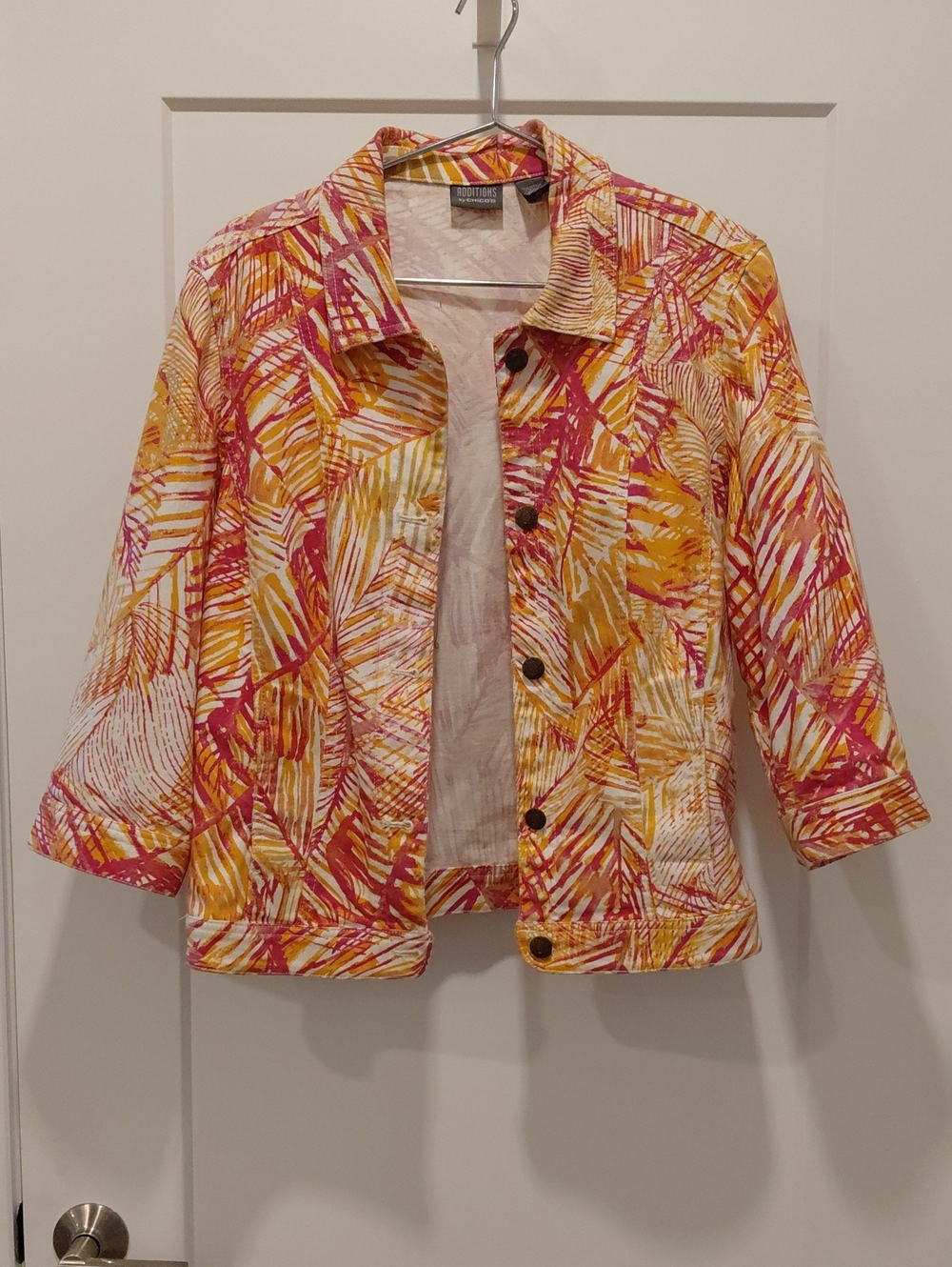 Chico's Pink and Yellow Patterned Jean Jacket